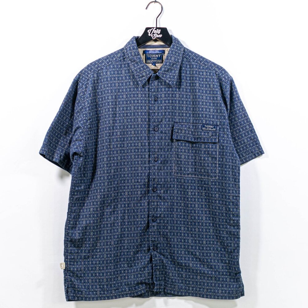 Tommy Hilfiger Jeans Geometric Print Short Sleeve Button Shirt Large VTG Y2K